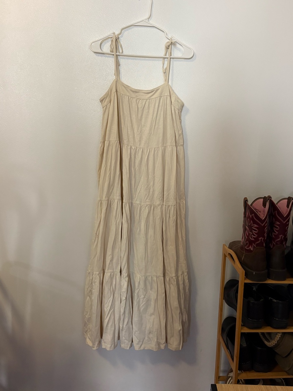 American Eagle Cream Tiered Tie-Shoulder Maxi Dress